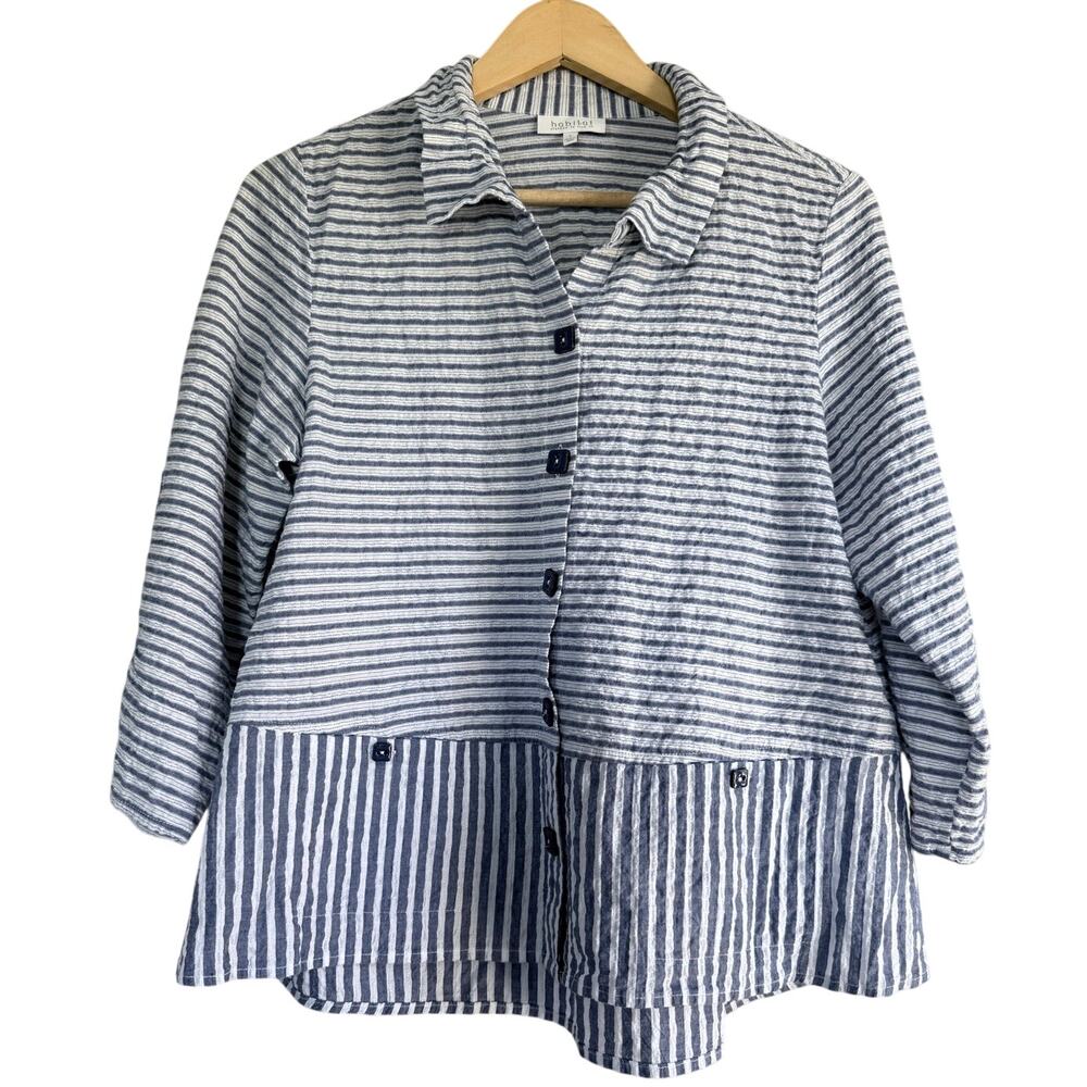 HABITAT Clothes to Live In blue white cotton striped textured natural blouse top